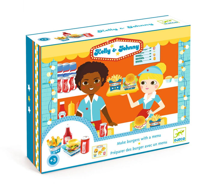 Djeco wooden burger play set with fries and drink
