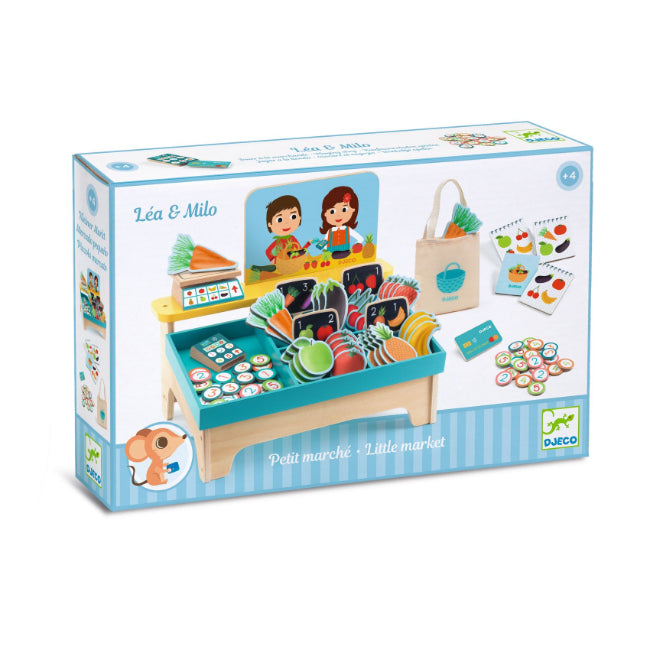 Djeco Little Market kids pretend play set with fruit, vegetables, scales and shopping accessories