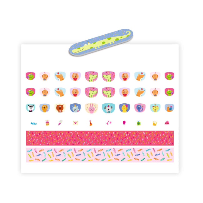 Djeco Happy Birthday kids nail sticker set with 120 colourful nail stickers and pattern strips