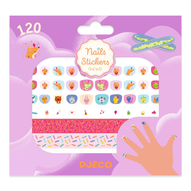 Djeco Happy Birthday kids nail sticker set with 120 colourful nail stickers and pattern strips