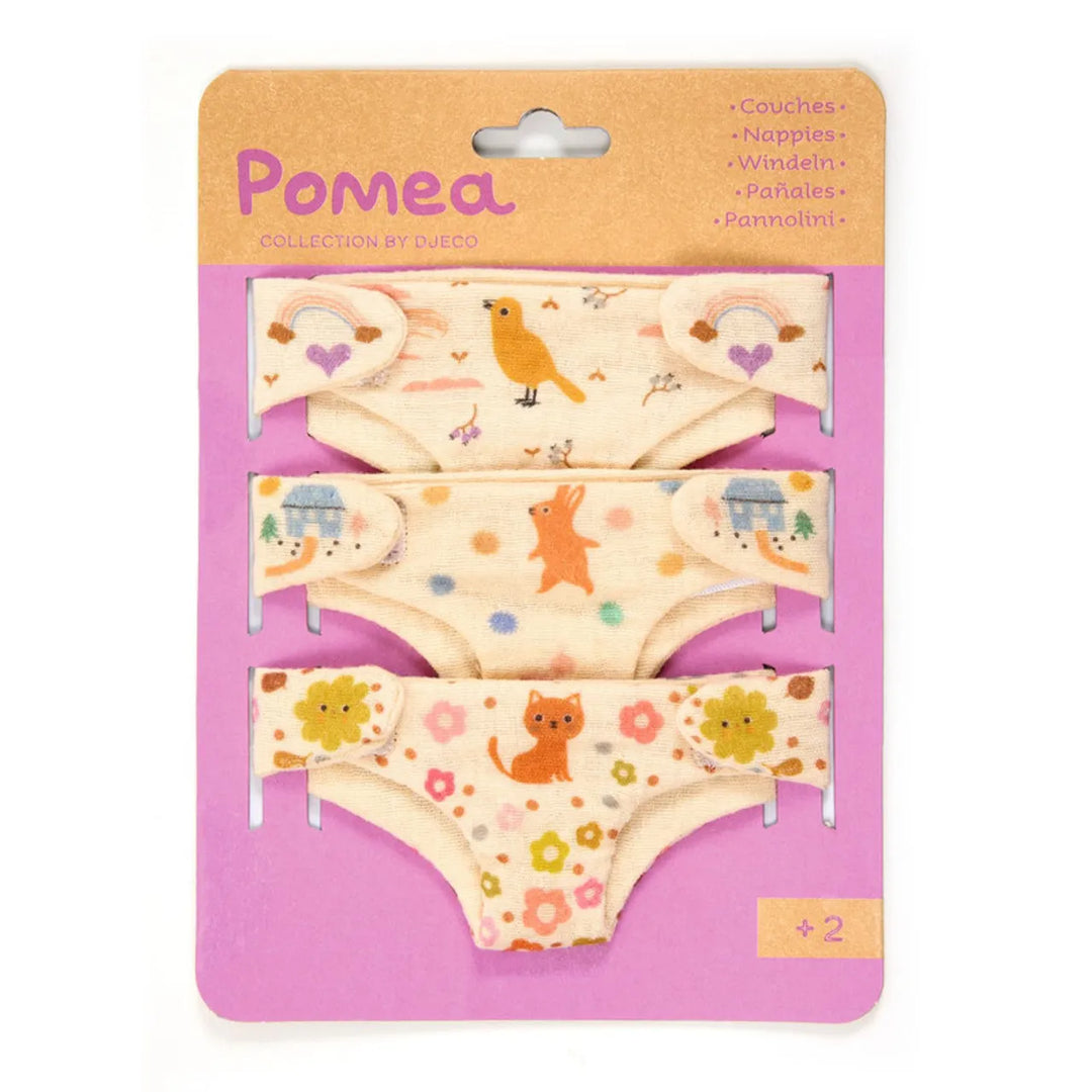 Djeco Pomea doll nappies 3 pack with pastel animal prints
