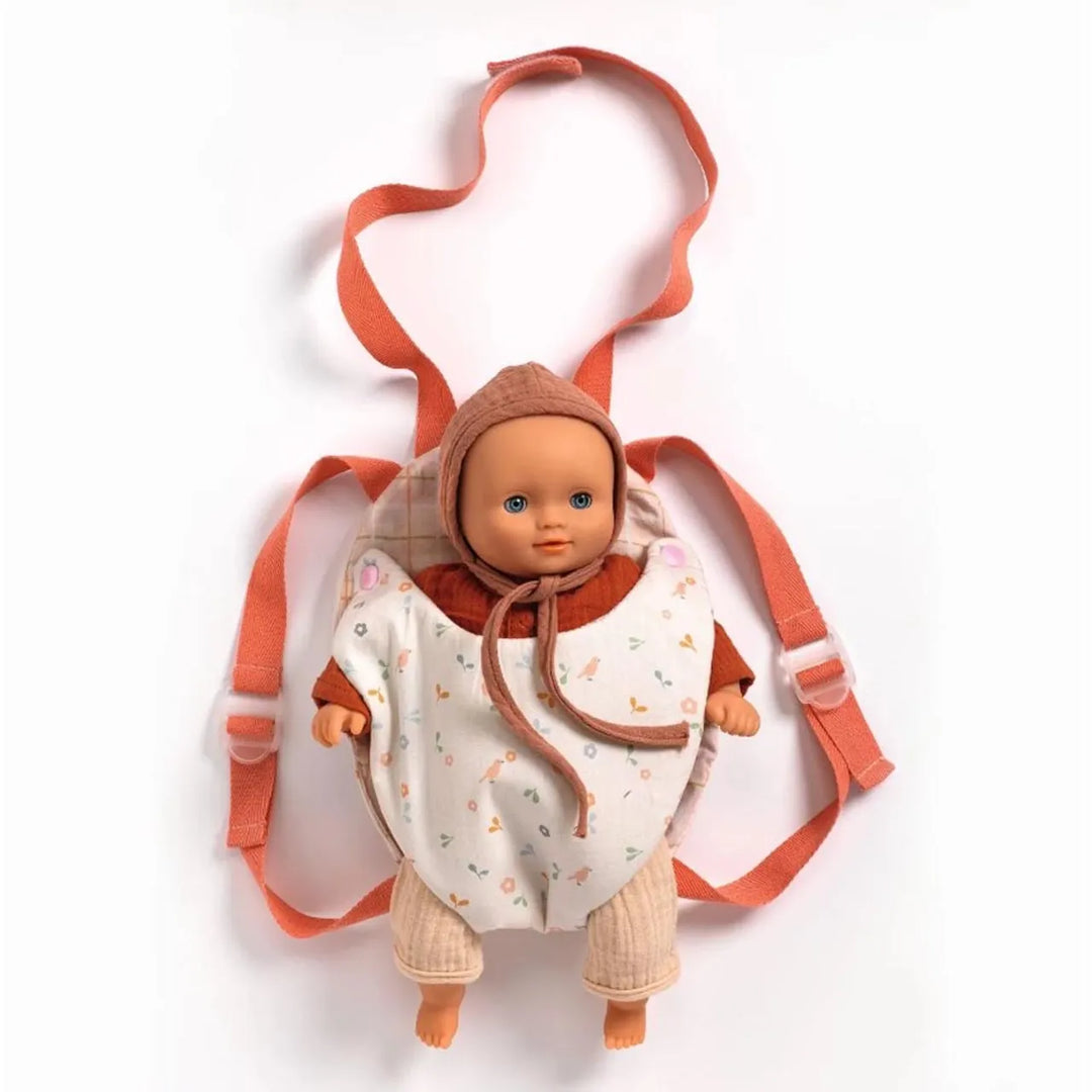 Djeco Pomea lavender doll baby carrier with adjustable straps

