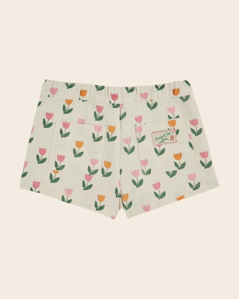 girls tulip print shorts with scalloped back pockets