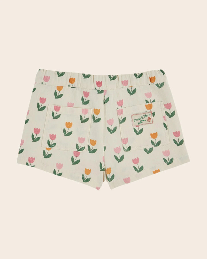 girls tulip print shorts with scalloped back pockets