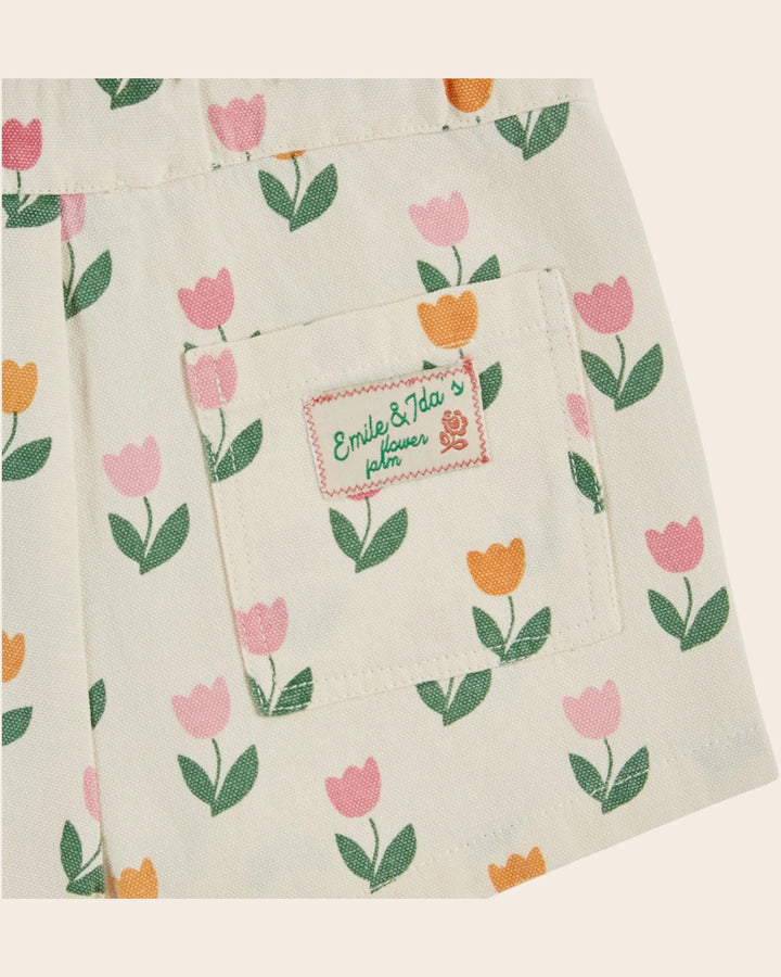 girls tulip print shorts with scalloped back pockets