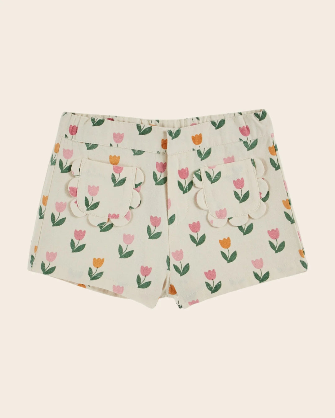 girls tulip print shorts with scalloped back pockets
