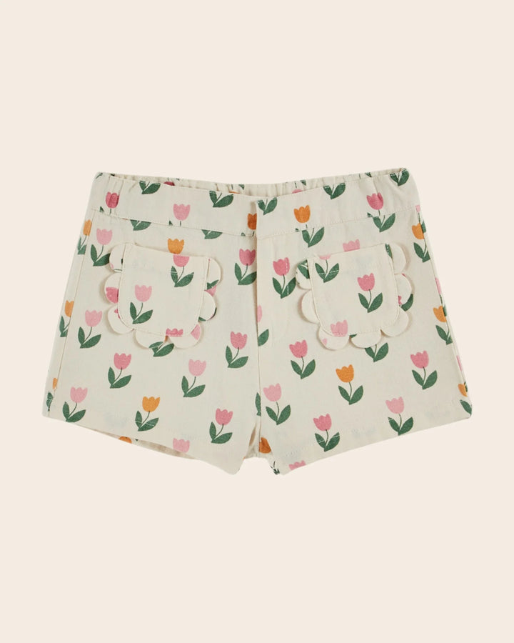 girls tulip print shorts with scalloped back pockets