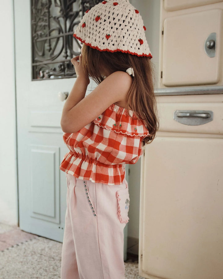 girls embroidered red gingham top with tie straps