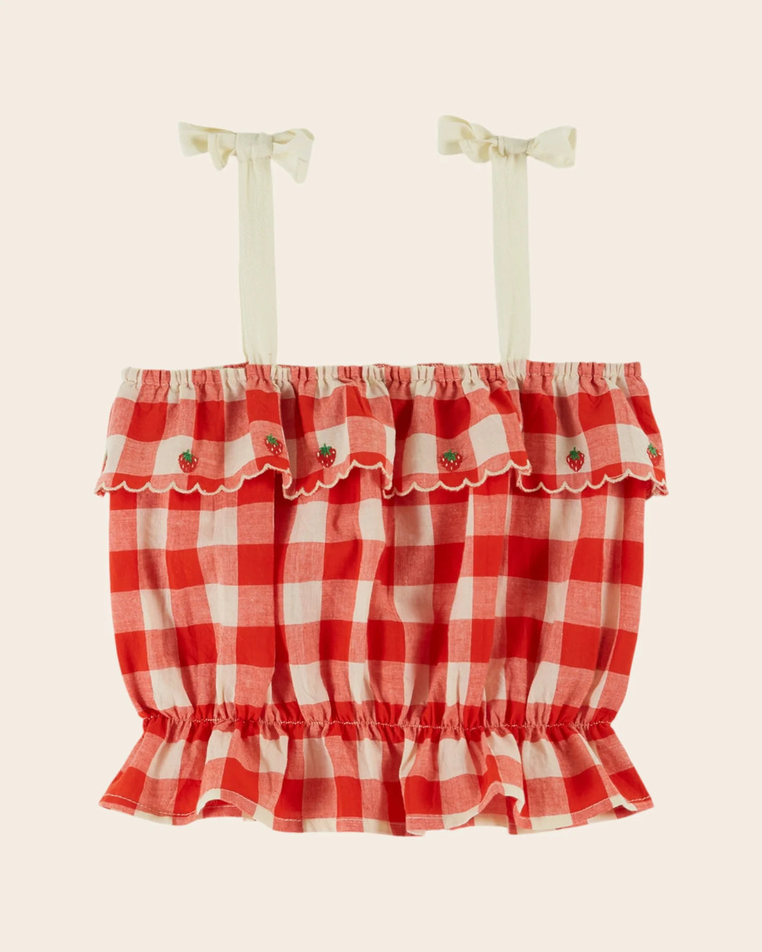 girls embroidered red gingham top with tie straps