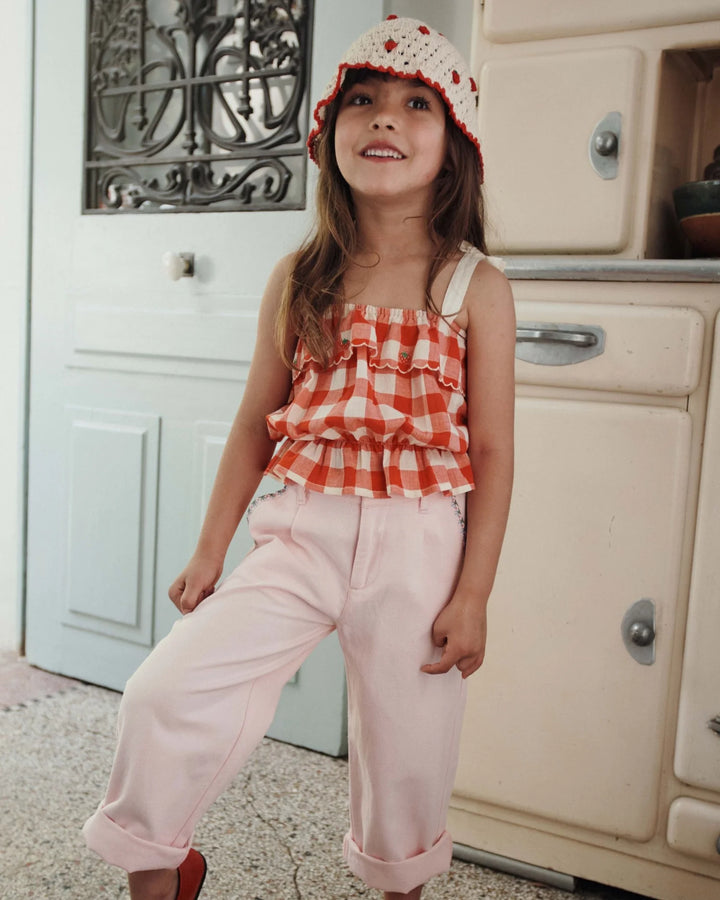 girls embroidered red gingham top with tie straps