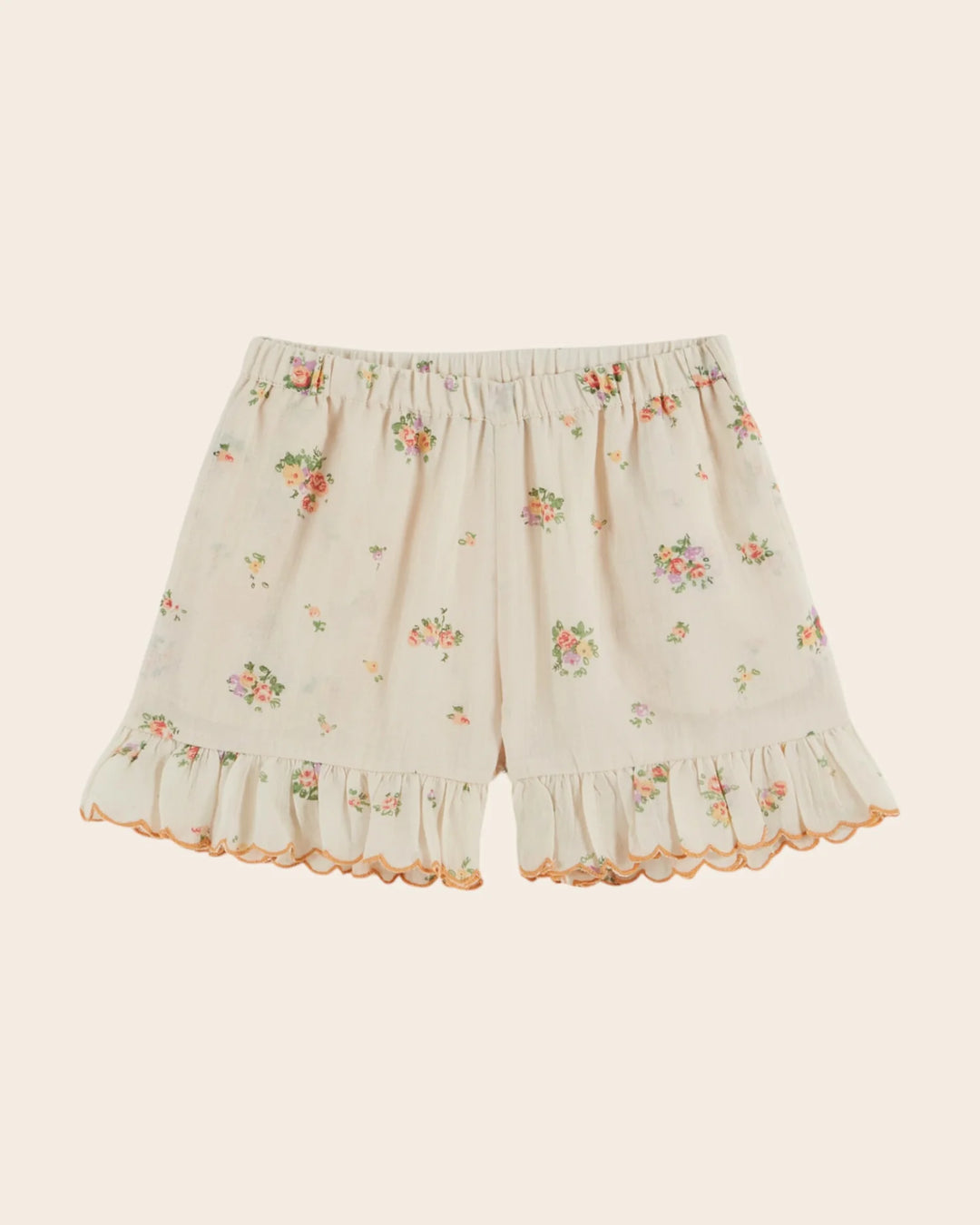 girls cream floral printed ruffle shorts
