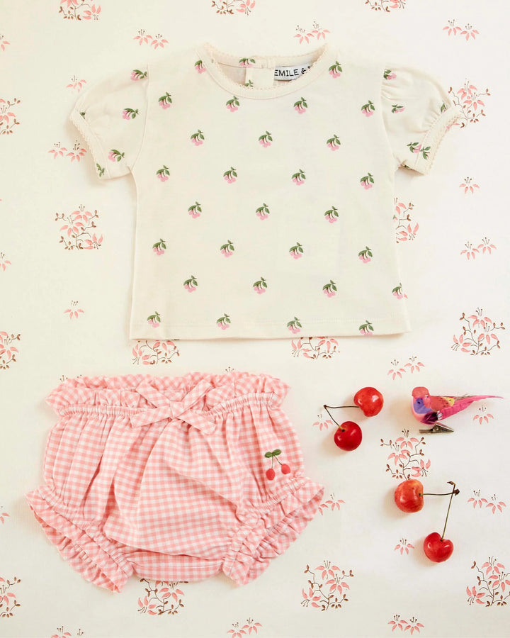 baby cherry print cotton t-shirt with picot trim in cream
