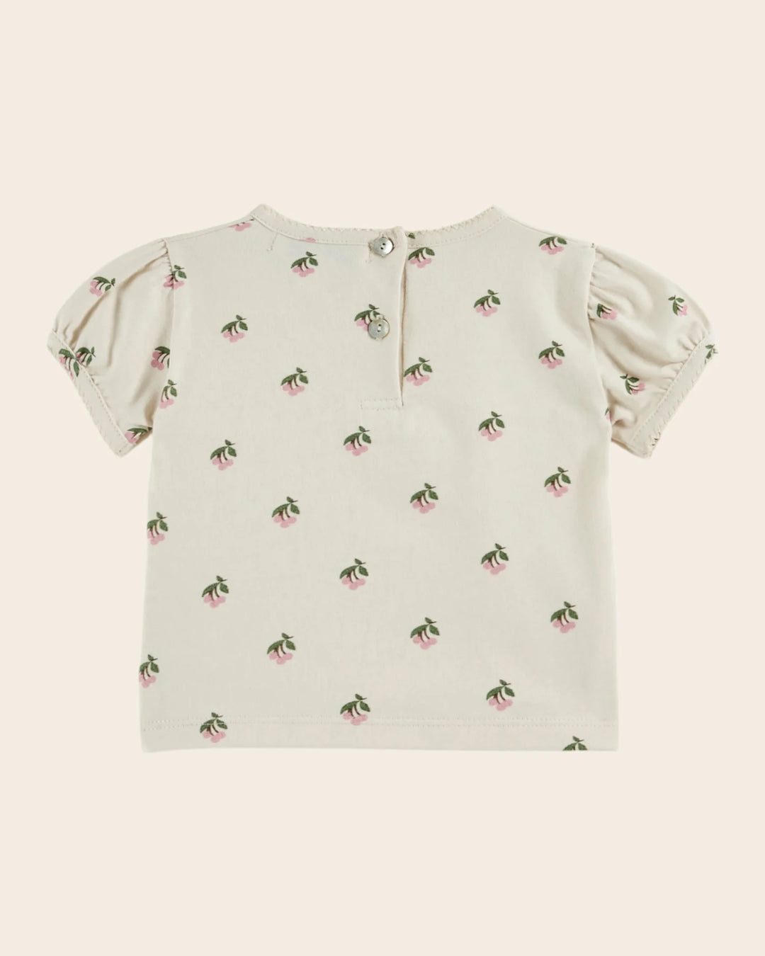 baby cherry print cotton t-shirt with picot trim in cream
