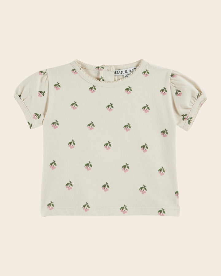 baby cherry print cotton t-shirt with picot trim in cream
