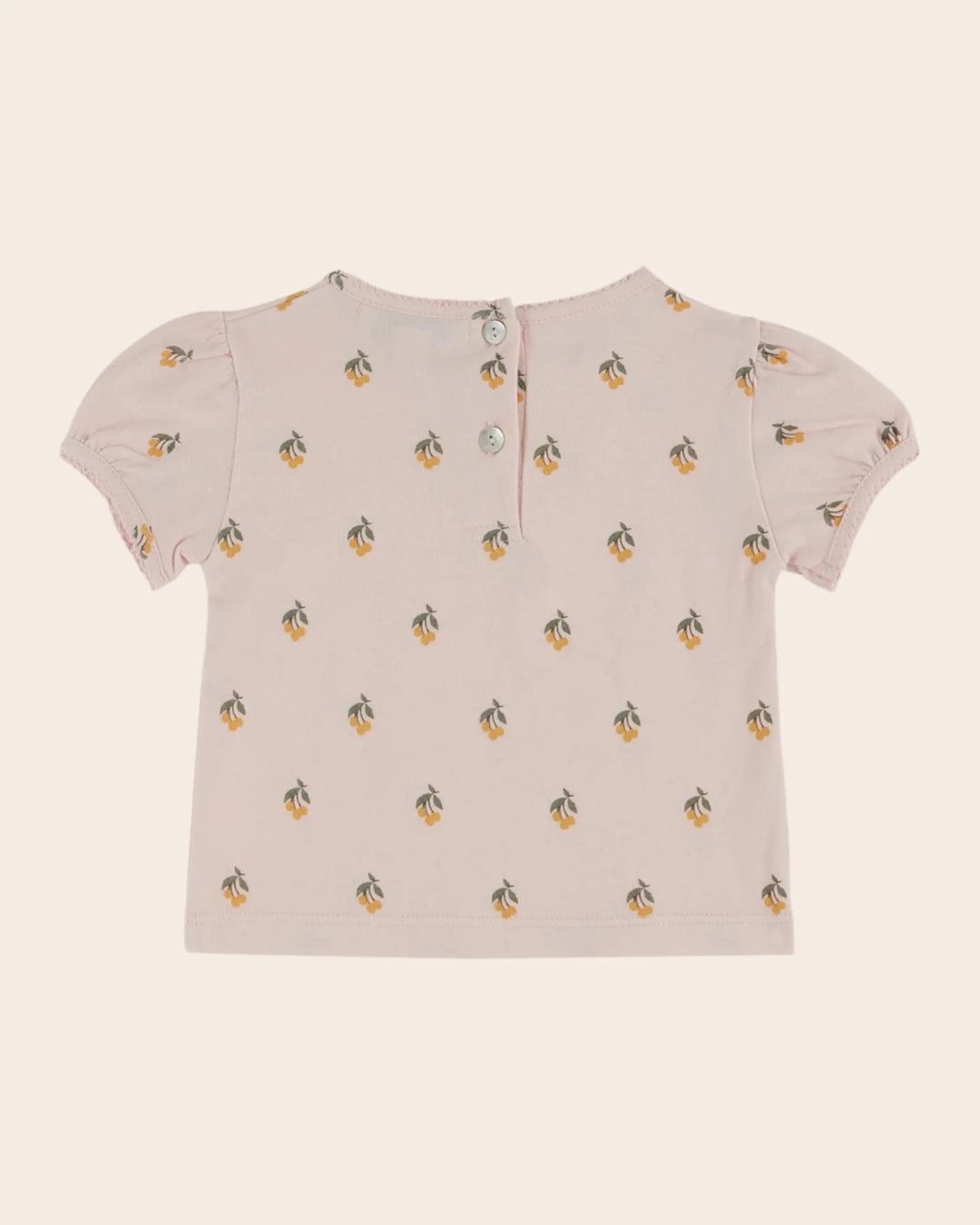 baby cherry print cotton t-shirt with picot trim in cream
