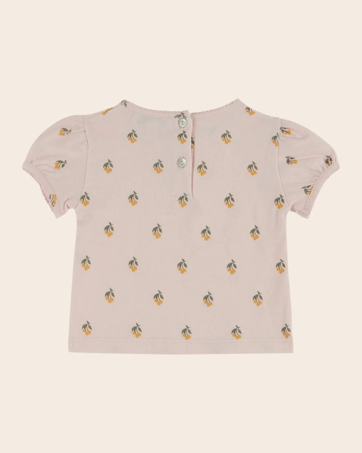 baby cherry print cotton t-shirt with picot trim in cream
