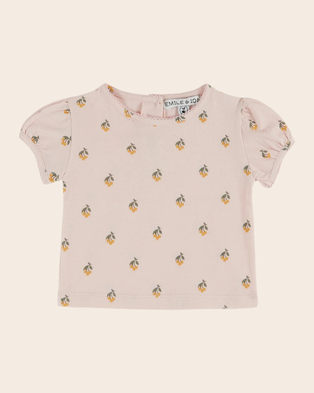 baby cherry print cotton t-shirt with picot trim in cream
