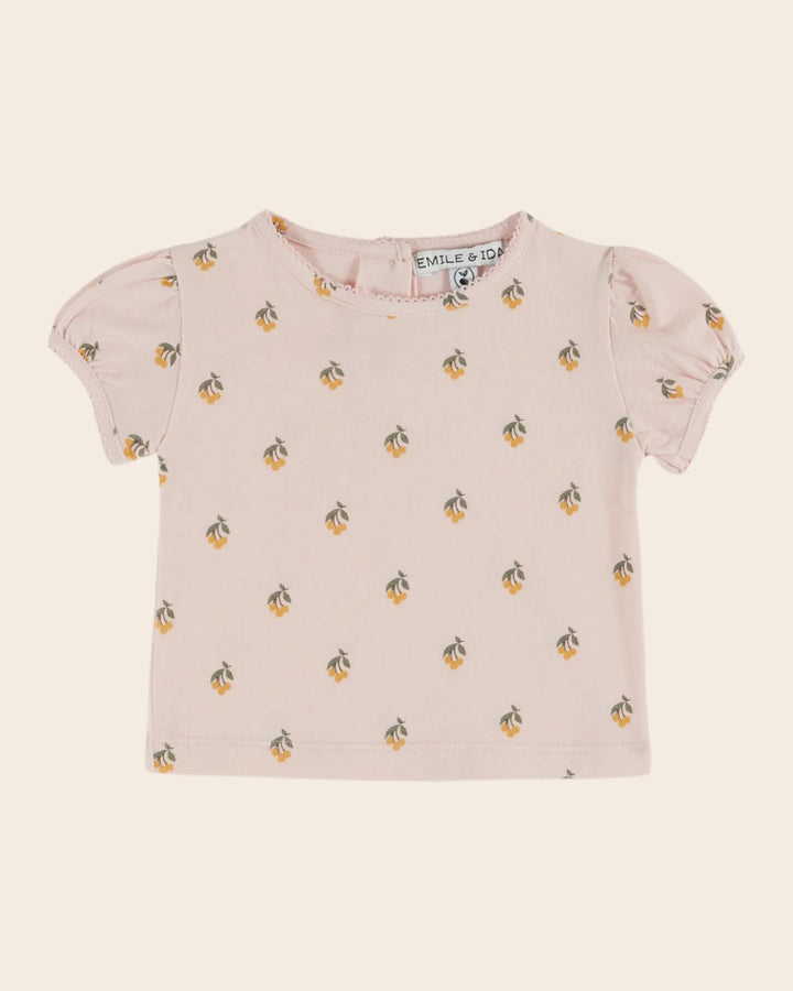 baby cherry print cotton t-shirt with picot trim in cream
