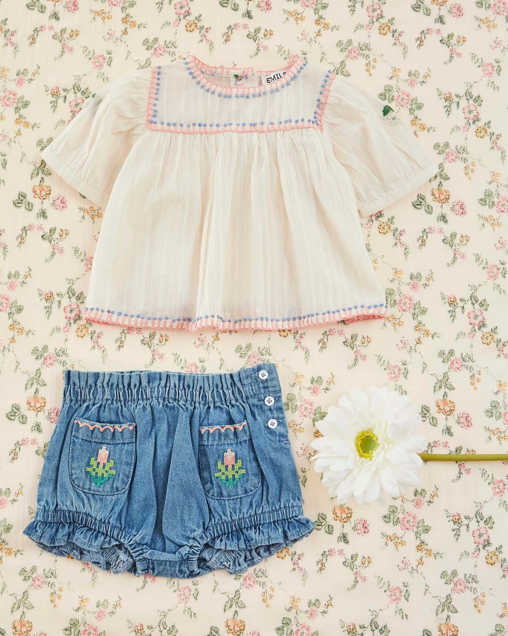 girls denim bloomer shorts with embroidery and pockets