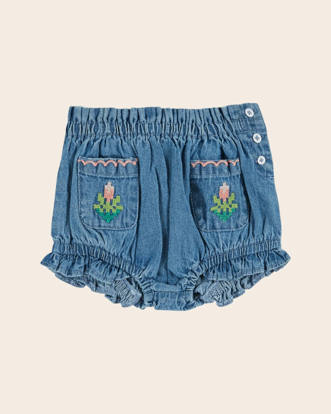 girls denim bloomer shorts with embroidery and pockets