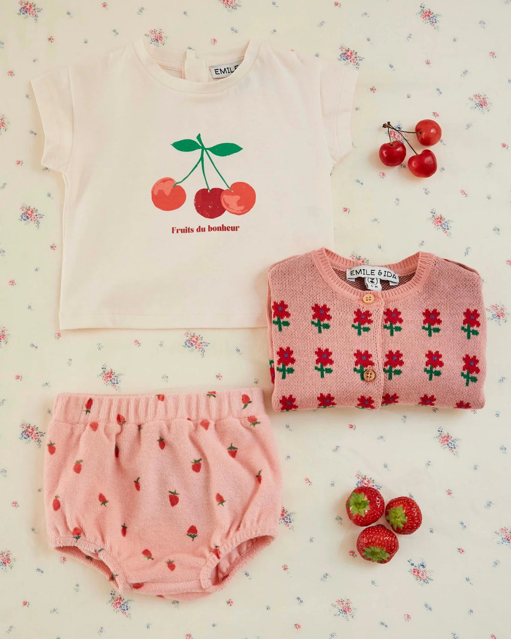 baby girl strawberry print cotton terry bloomer pink