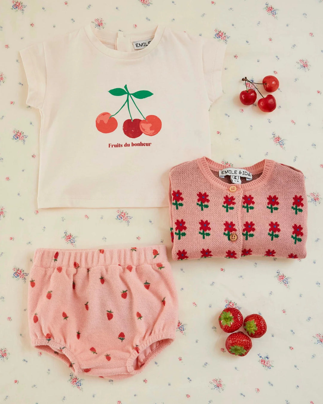 baby girl strawberry print cotton terry bloomer pink