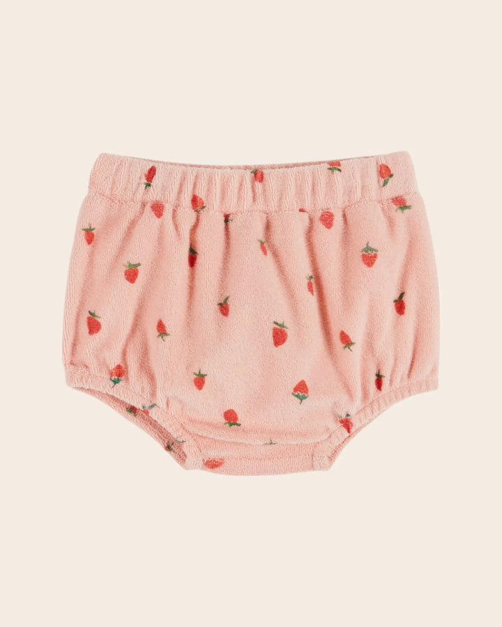 baby girl strawberry print cotton terry bloomer pink