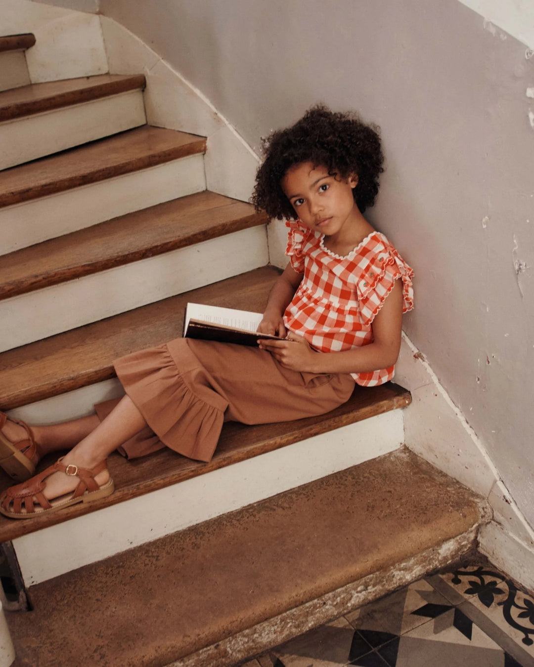 girls red gingham embroidered blouse with ruffle sleeves
