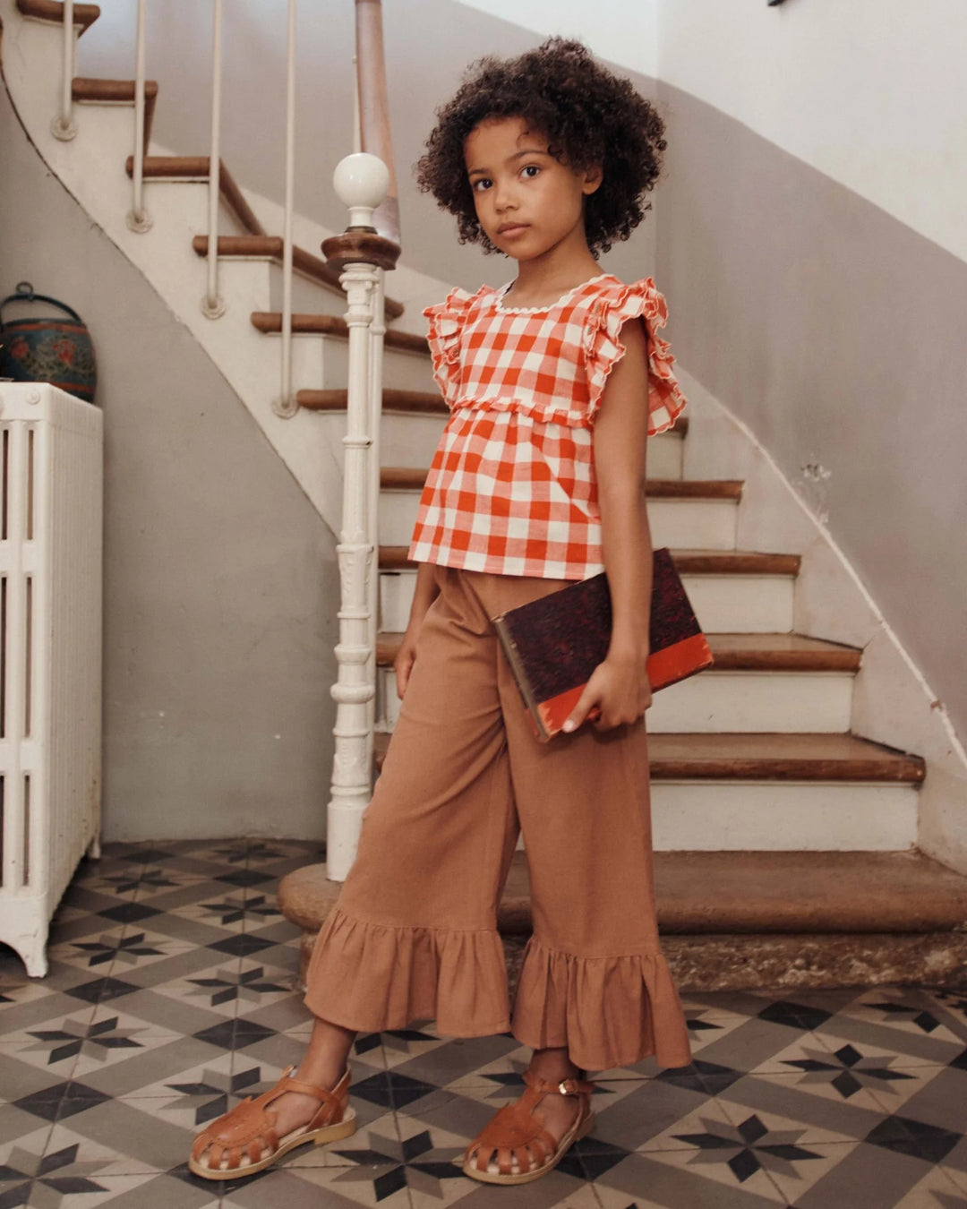 girls red gingham embroidered blouse with ruffle sleeves
