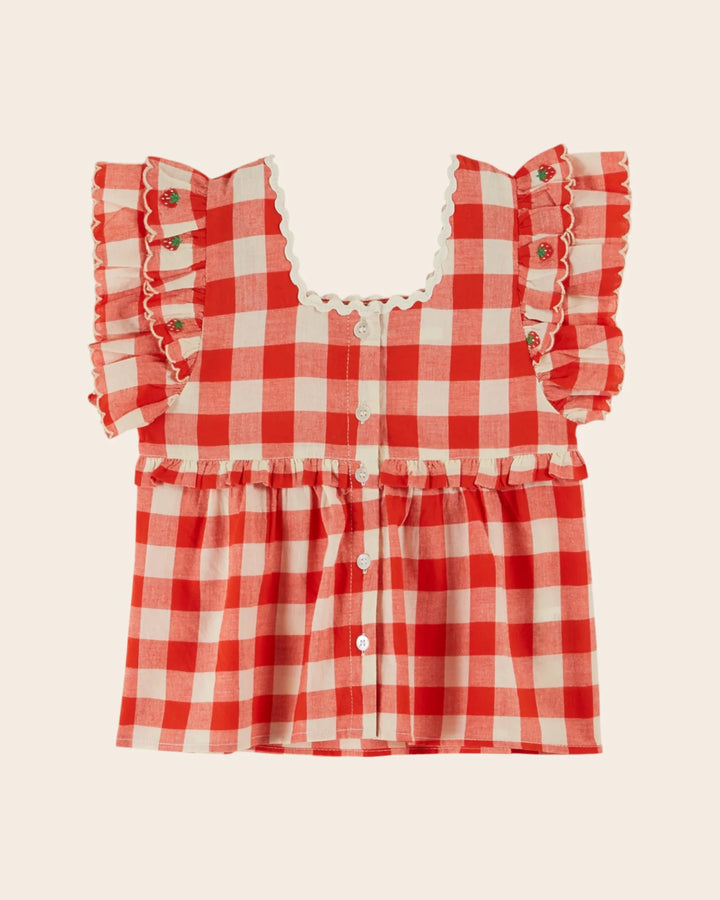girls red gingham embroidered blouse with ruffle sleeves

