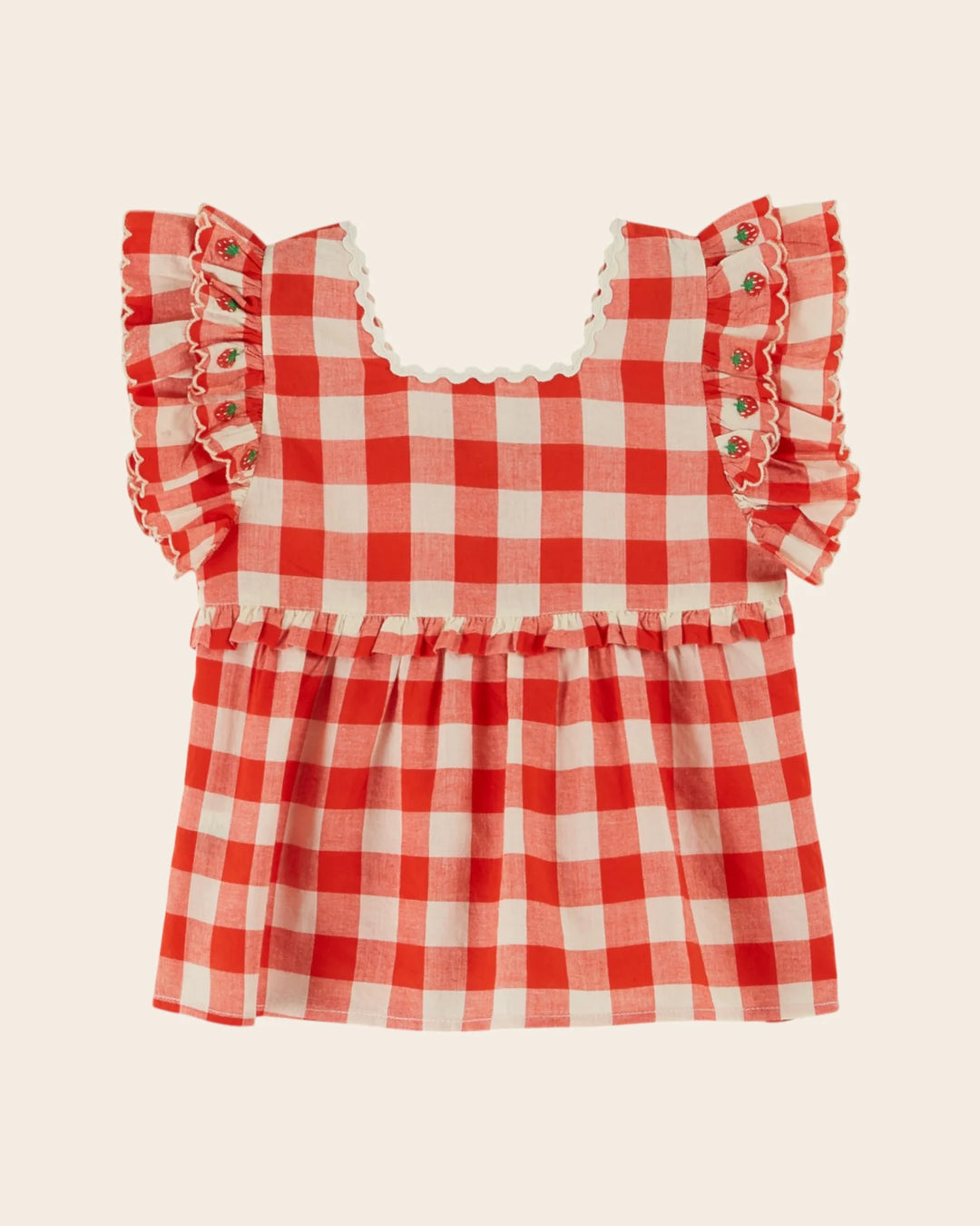 girls red gingham embroidered blouse with ruffle sleeves
