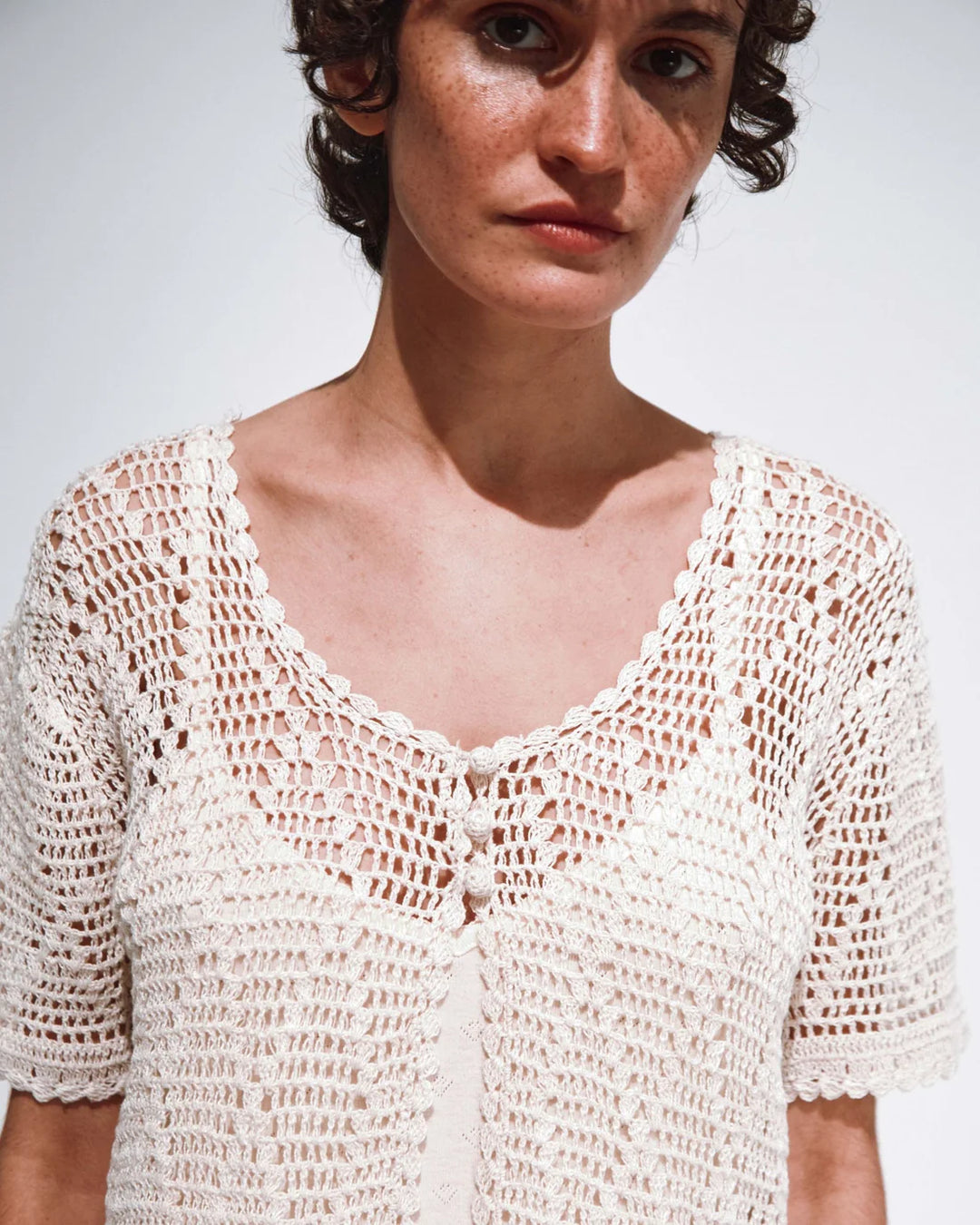 Women Cardigan Crochet Off-white - قصيرة