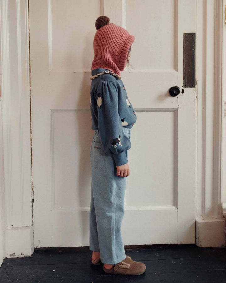 Emile et Ida girls embroidered denim pants in washed blue cotton with reinforced knee patches and a relaxed carrot fit