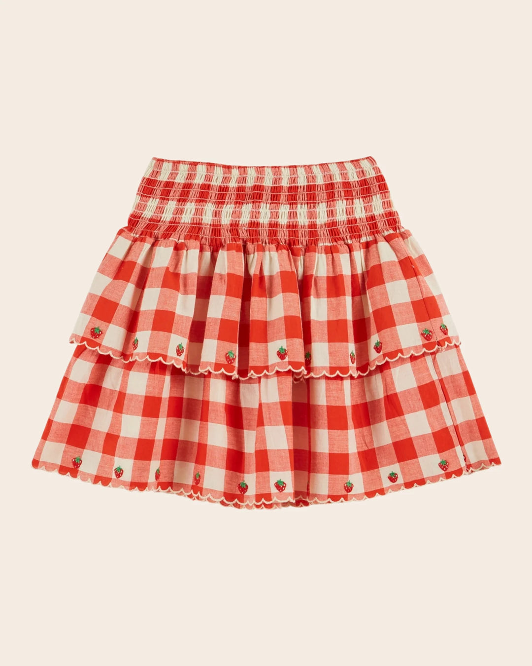 girls red gingham embroidered skirt with scalloped hem
