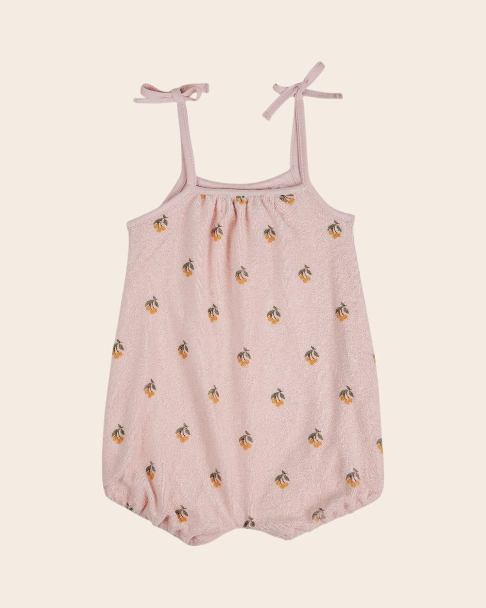pink girls printed cotton terry romper with Cerisette pattern