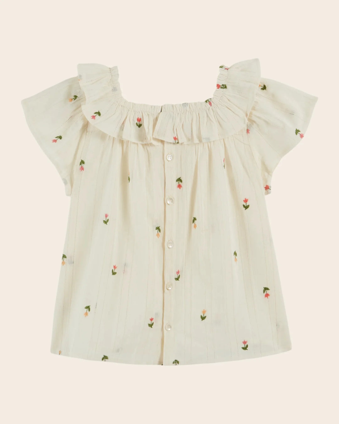 Girl embroidered cotton blouse with ruffled neckline in cream

