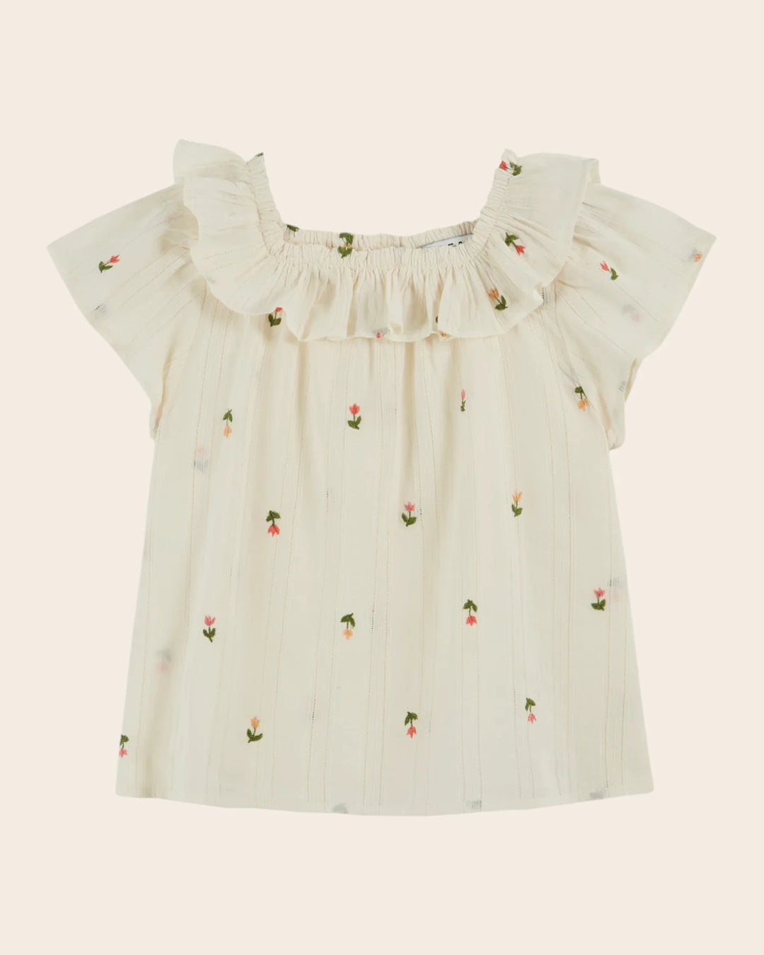 Girl embroidered cotton blouse with ruffled neckline in cream
