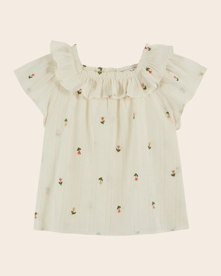 Girl embroidered cotton blouse with ruffled neckline in cream
