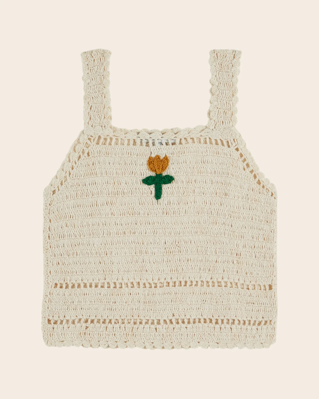 girls cream crochet top with embroidered tulip
