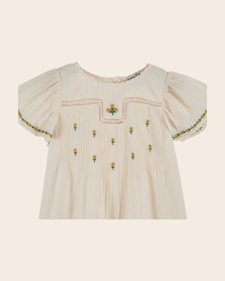 girls cream embroidered cotton dress with puff sleeves
