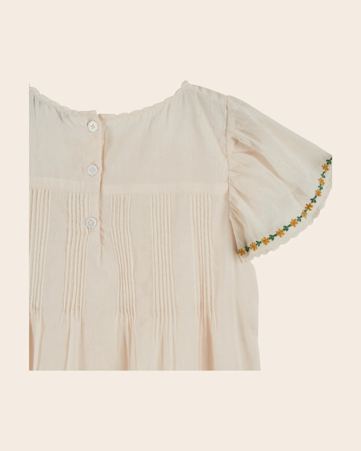 girls cream embroidered cotton dress with puff sleeves
