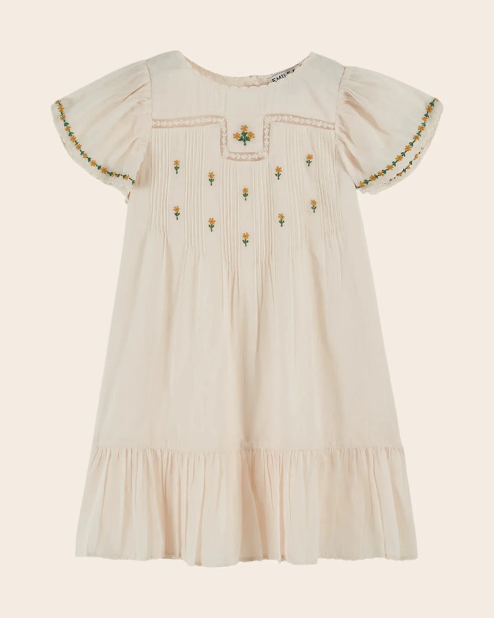 girls cream embroidered cotton dress with puff sleeves
