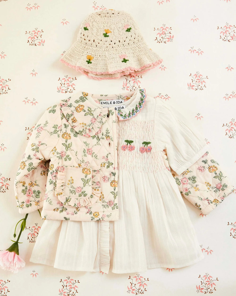 girls cream embroidered smocked cotton dress by Emile et Ida