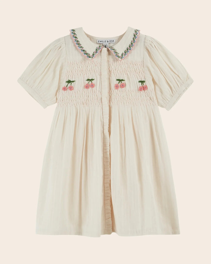 girls cream embroidered smocked cotton dress by Emile et Ida