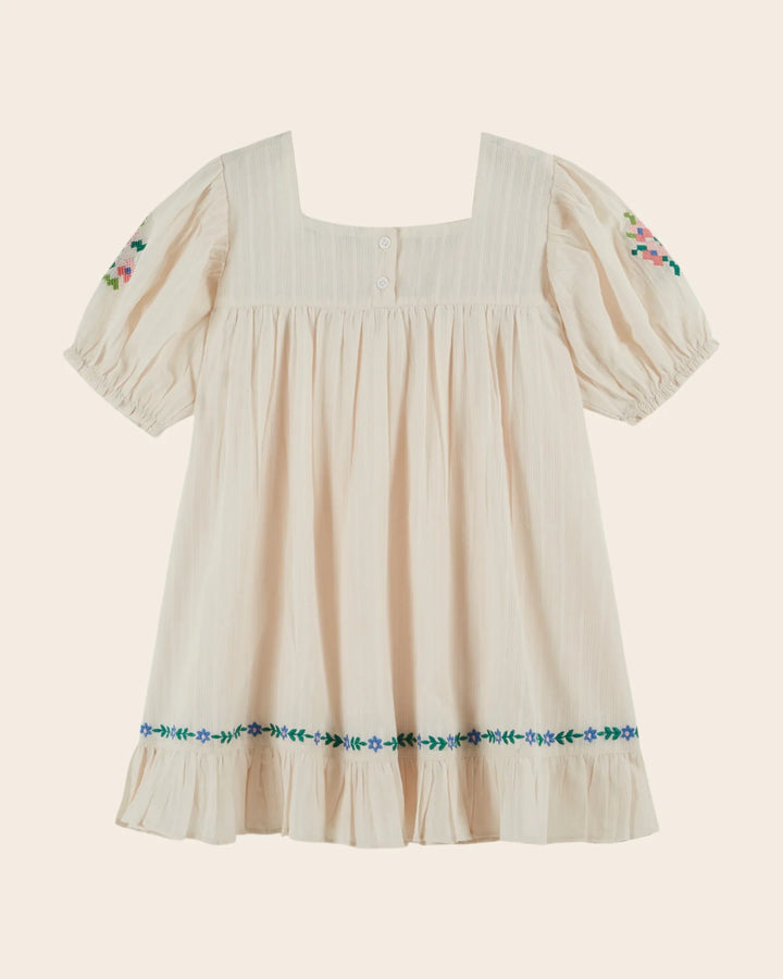 girls ecru embroidered floral cotton dress
