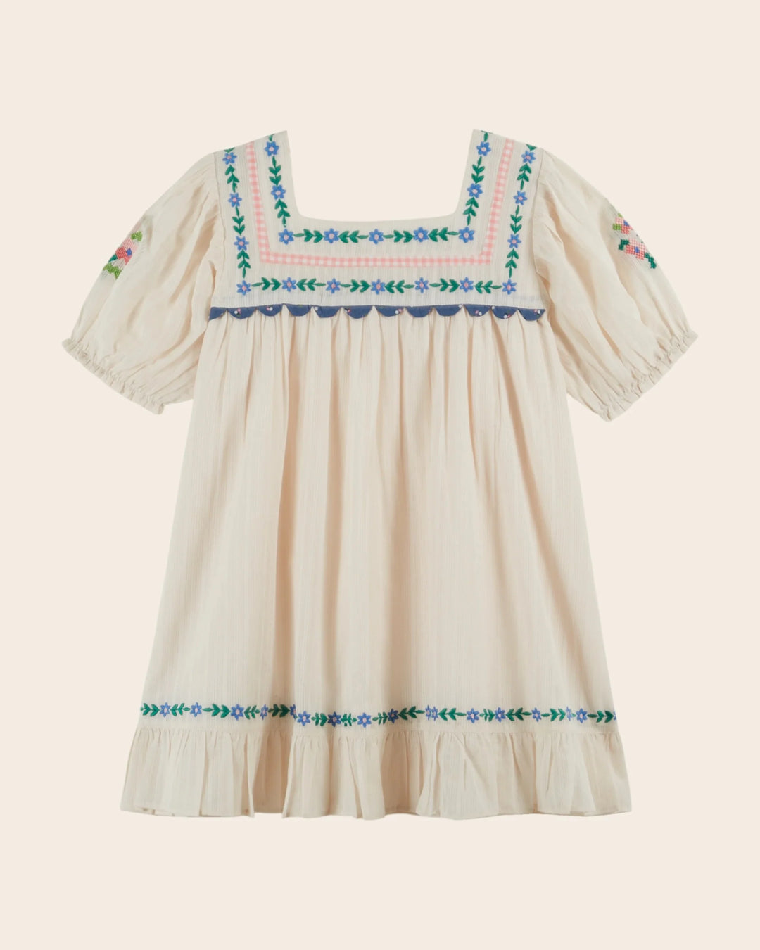 girls ecru embroidered floral cotton dress
