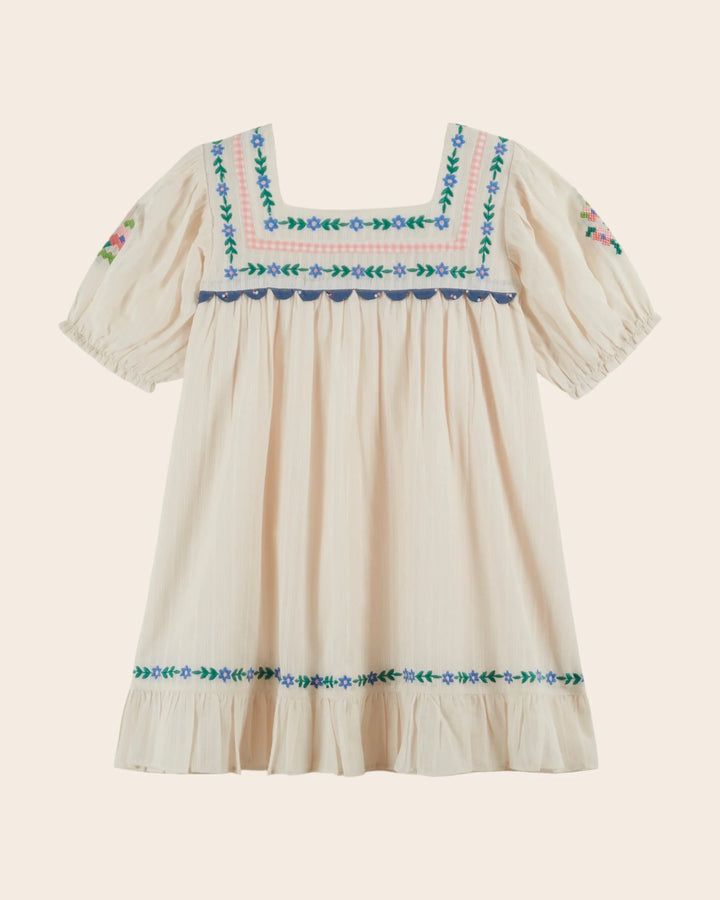 girls ecru embroidered floral cotton dress
