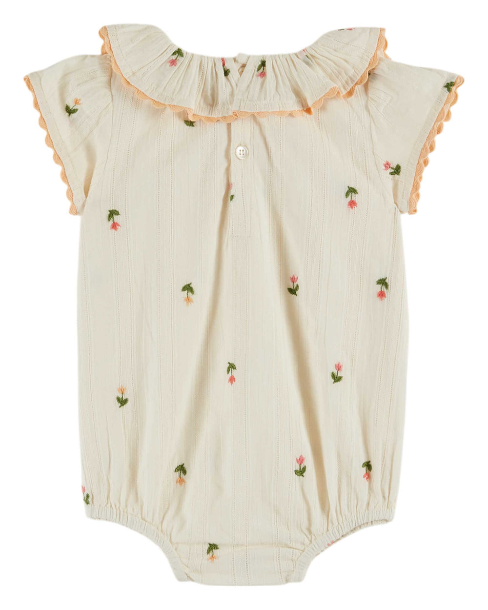 baby embroidered cotton romper with flutter sleeves in cream
