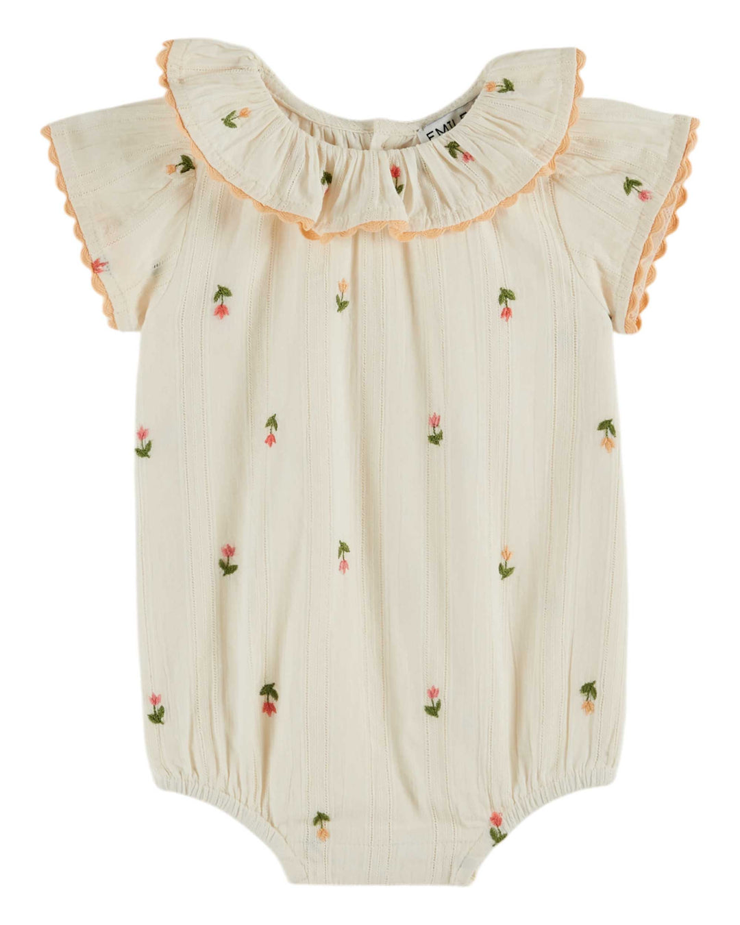 baby embroidered cotton romper with flutter sleeves in cream
