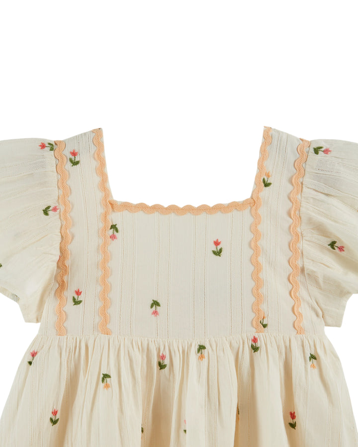 baby embroidered cotton dress with flutter sleeves in cream
